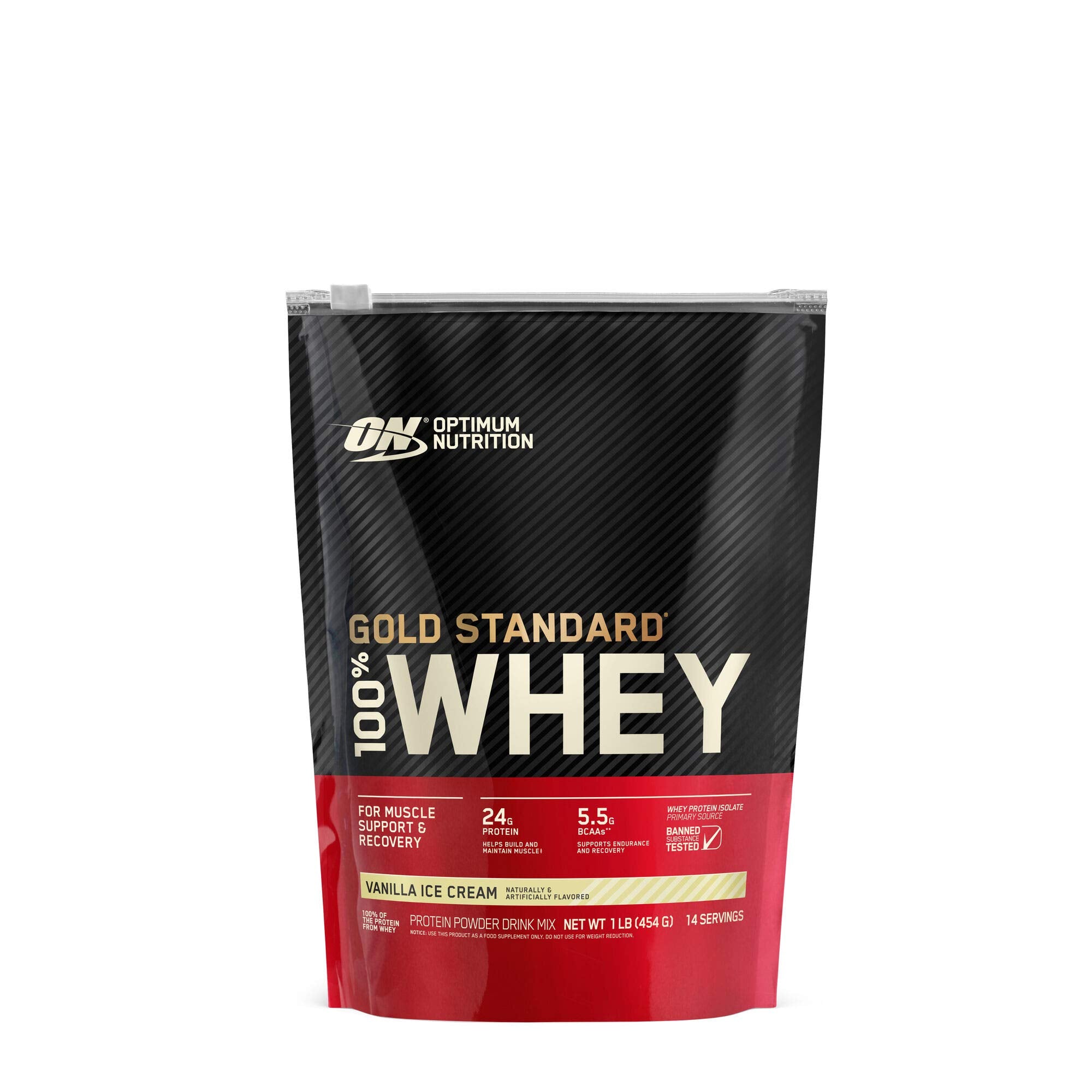 Optimum Nutrition Gold Standard Vanilla Ice Cream tub showing high-protein option.