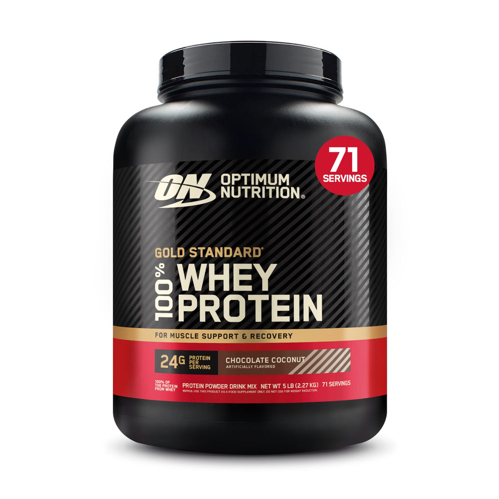 Optimum Nutrition Gold Standard whey bottle showing chocolate coconut flavor for post-workout fuel.
