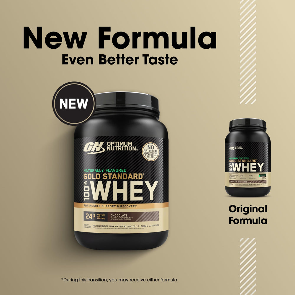Optimum Nutrition Gold Standard Whey chocolate label close-up highlights natural flavor and quality