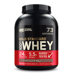 Optimum Nutrition Gold Standard Whey Chocolate Malt 5lb container for post-workout protein support.