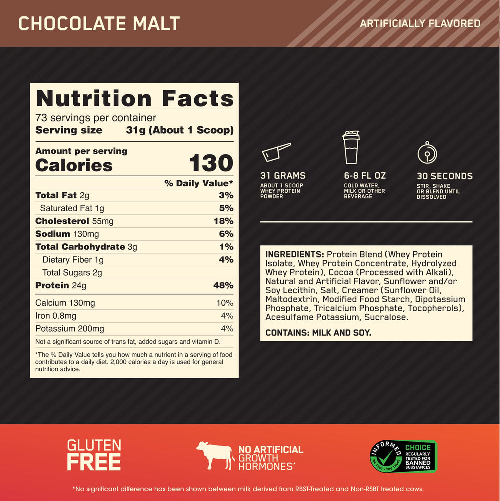 Scoop and bottle of Optimum Nutrition Gold Standard Whey for easy measurement.