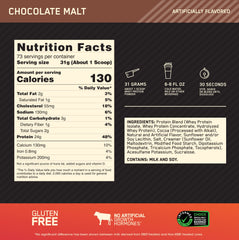 Scoop and bottle of Optimum Nutrition Gold Standard Whey for easy measurement.