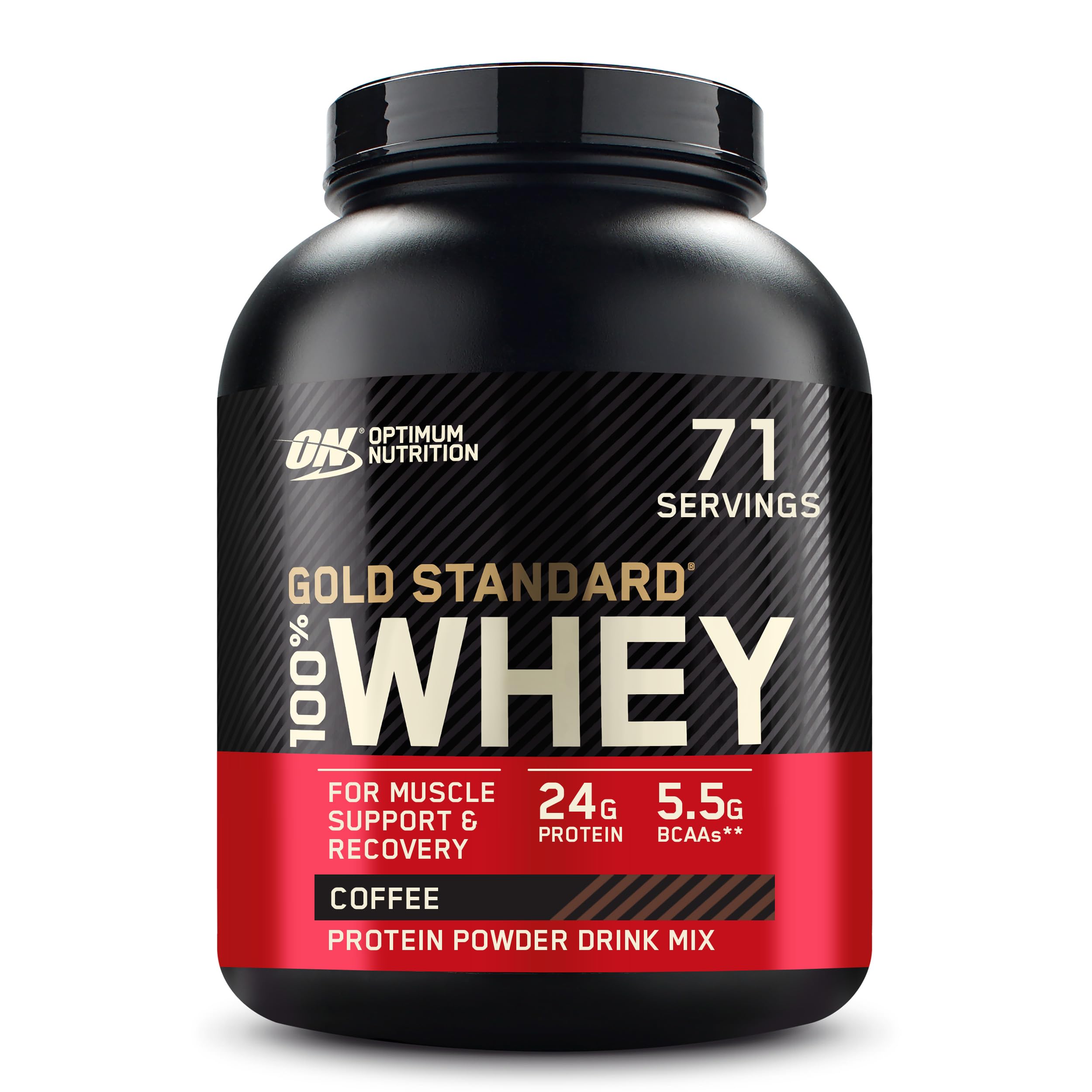 Optimum Nutrition Gold Standard whey coffee bottle for post-workout recovery support.