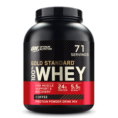 Optimum Nutrition Gold Standard whey coffee bottle for post-workout recovery support.