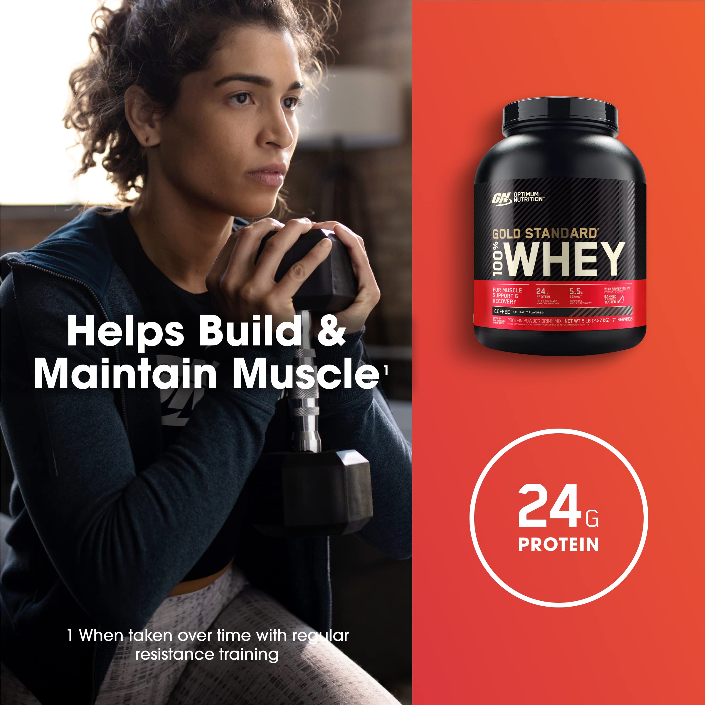 Optimum Nutrition Gold Standard whey coffee tub front showcases protein-rich formula.