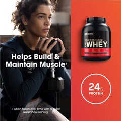 Optimum Nutrition Gold Standard whey coffee tub front showcases protein-rich formula.