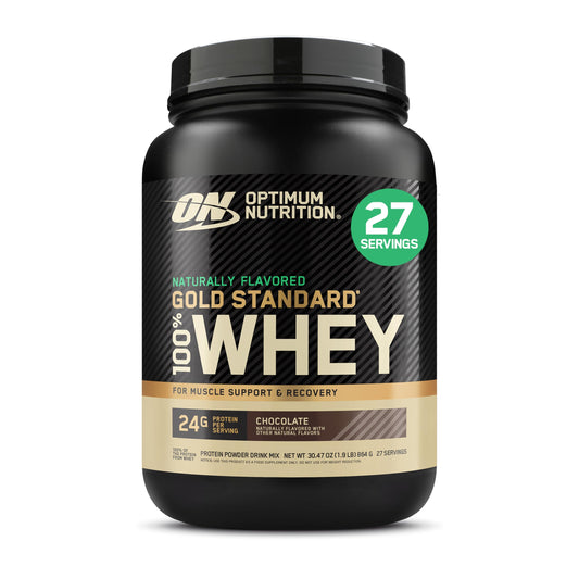 Optimum Nutrition Gold Standard Whey container close-up shows premium packaging and protein richness