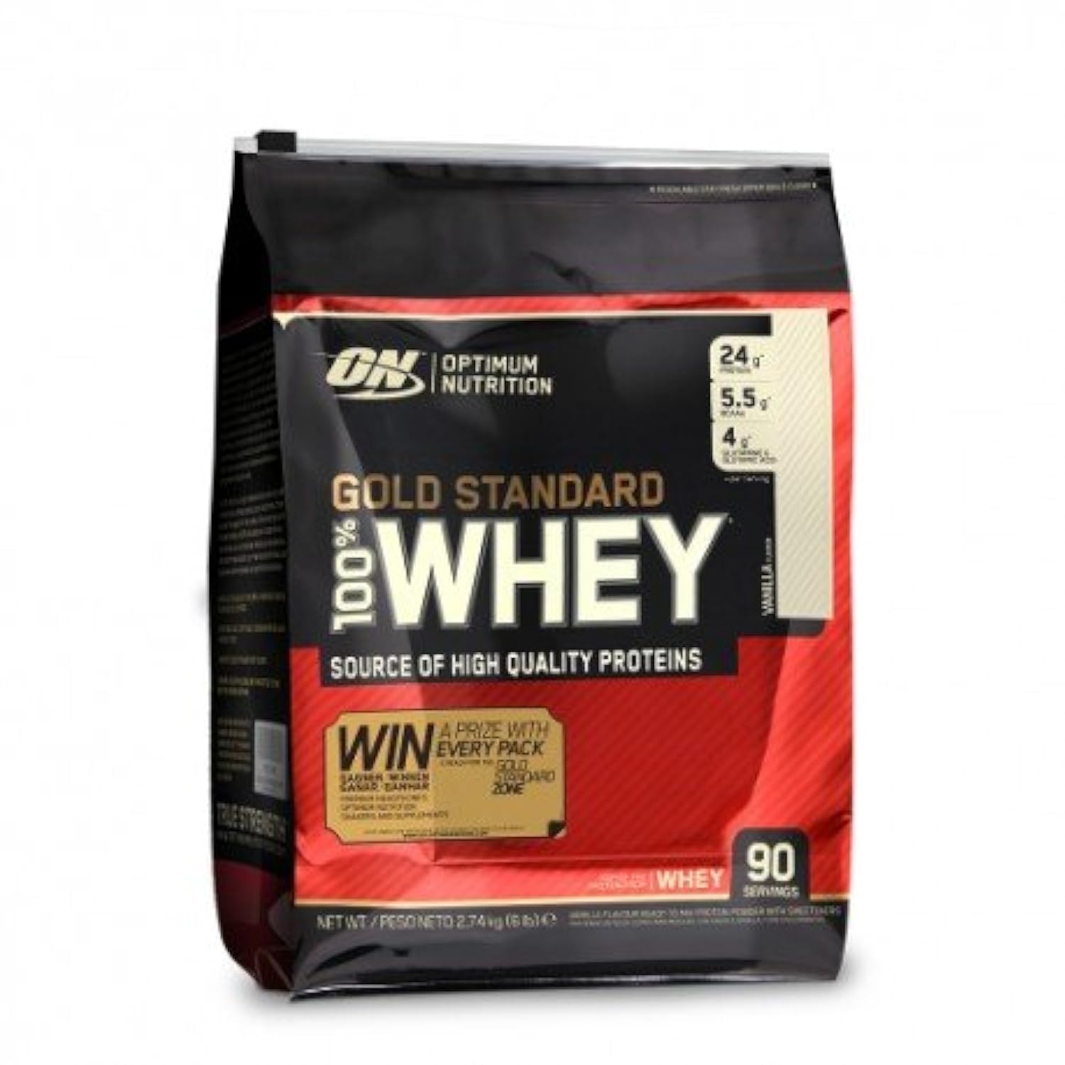 Optimum Nutrition Gold Standard Whey Delicious Strawberry powder close-up on the label