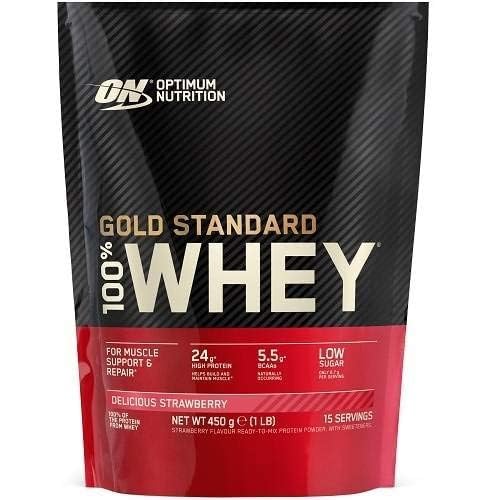 Optimum Nutrition Gold Standard Whey Delicious Strawberry scoop ready to measure a shake