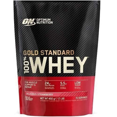 Optimum Nutrition Gold Standard Whey Delicious Strawberry scoop ready to measure a shake