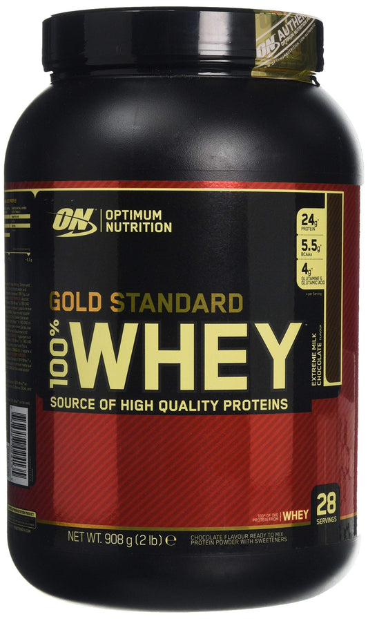 Optimum Nutrition Gold Standard Whey Extreme Milk Chocolate tub with scoop, signaling post-workout protein support.