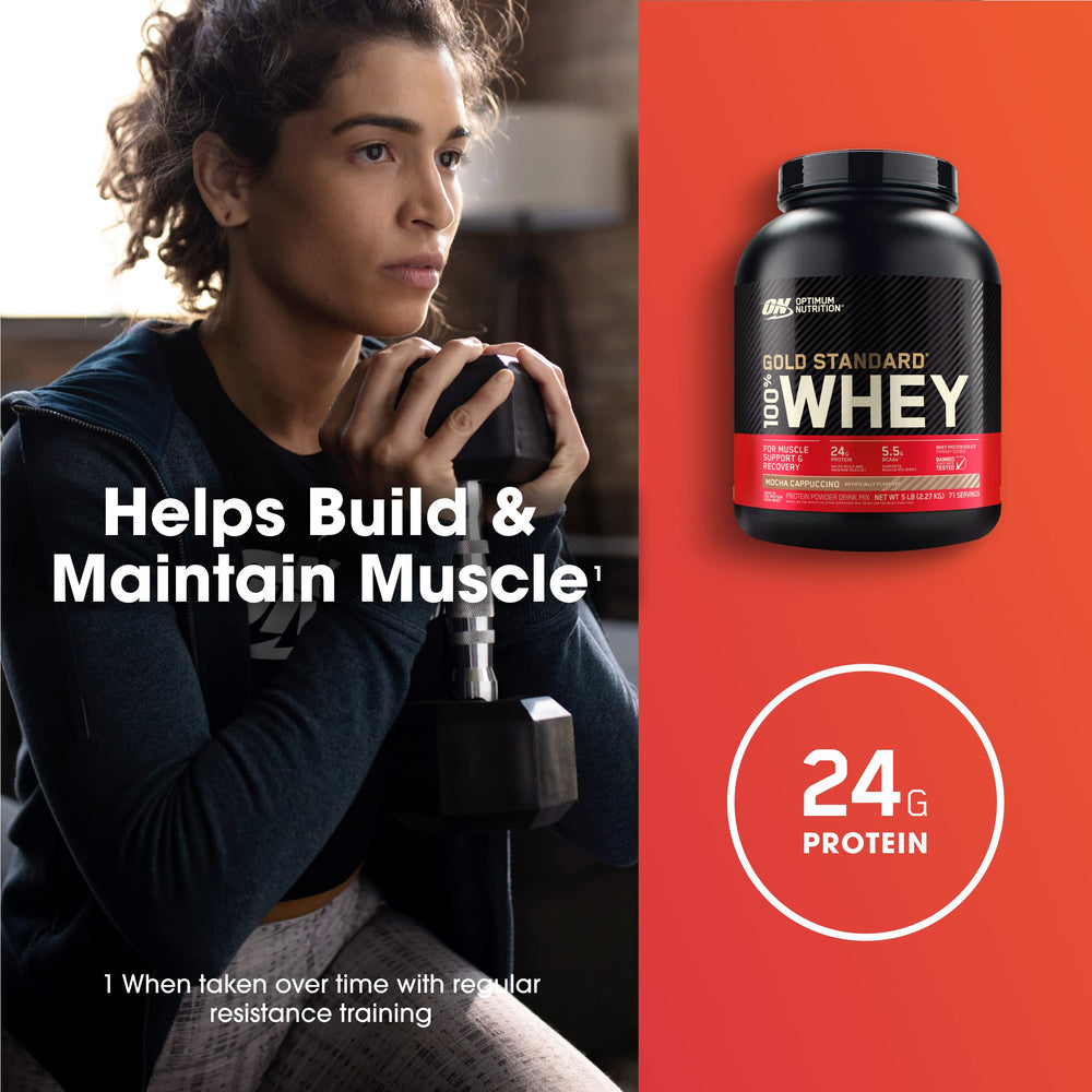 Glass of Mocha Cappuccino flavored whey shake made with Gold Standard powder.