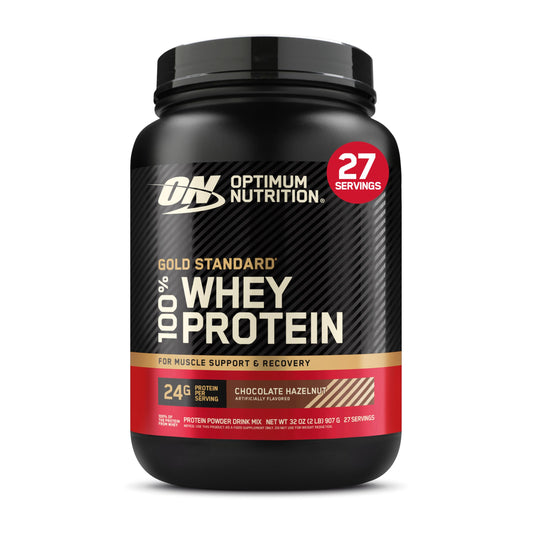 Optimum Nutrition Gold Standard whey jar with Chocolate Hazelnut flavor for post-workout protein.