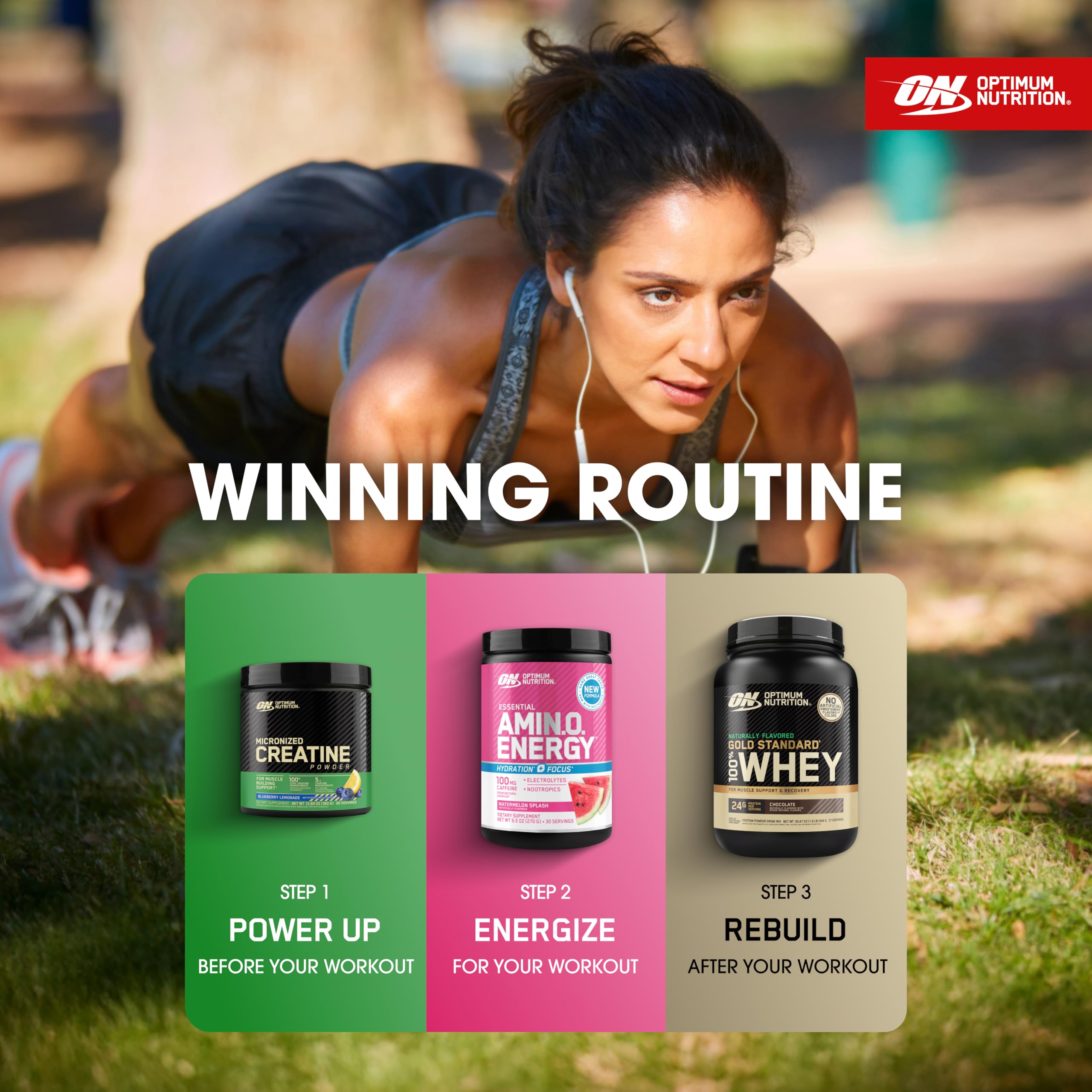 Optimum Nutrition Gold Standard Whey label and bottle hero shot communicates trusted quality