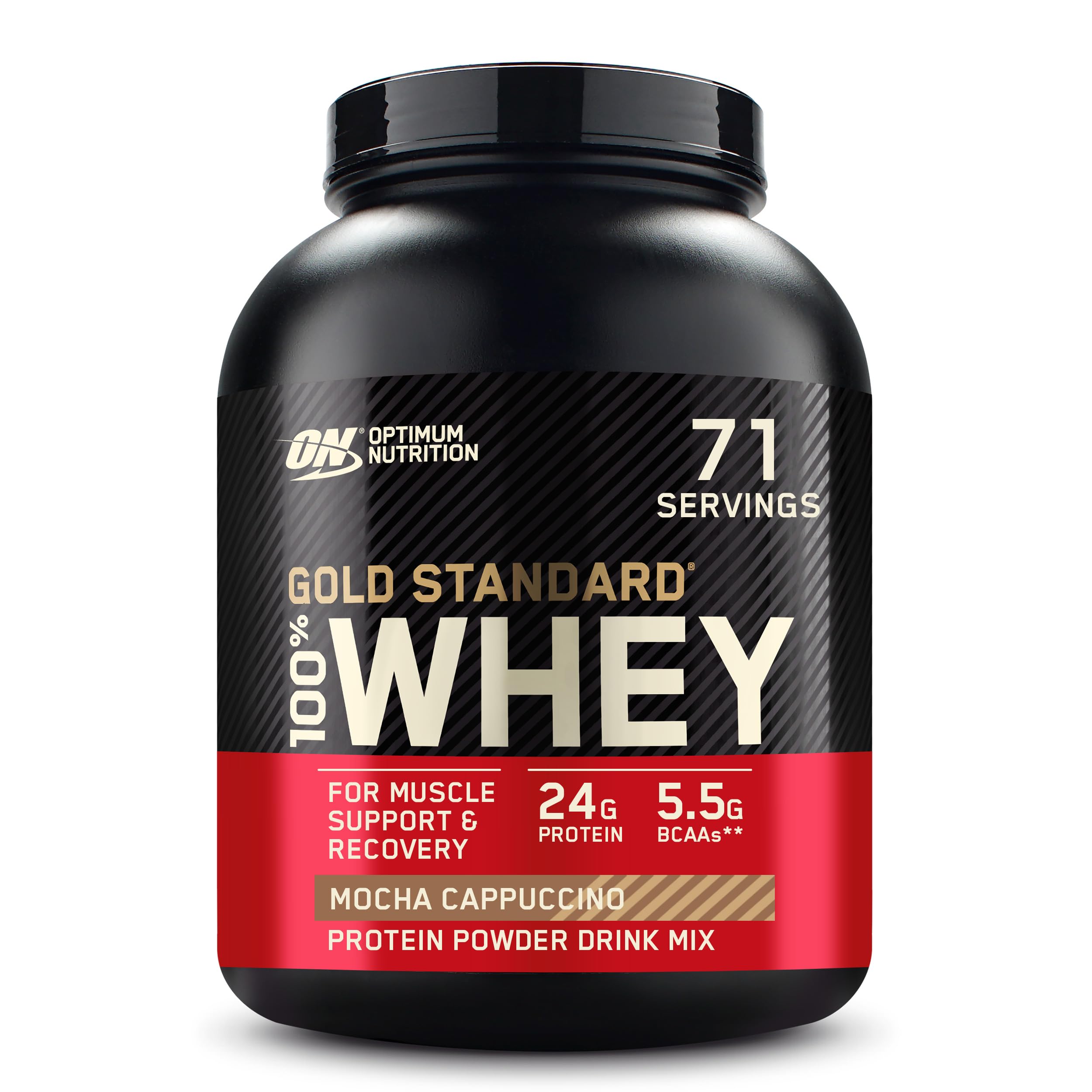 Optimum Nutrition Gold Standard whey powder being poured into a shaker for post-workout recovery.