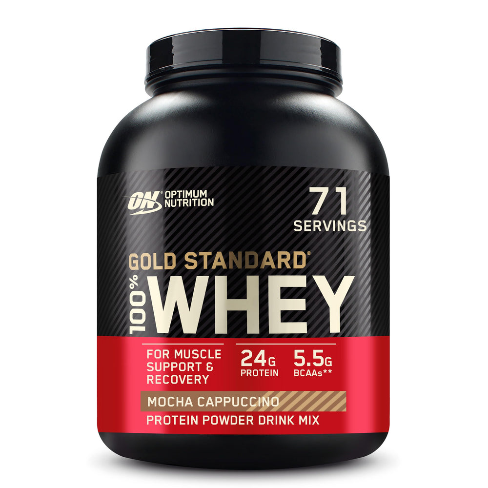 Optimum Nutrition Gold Standard whey powder being poured into a shaker for post-workout recovery.