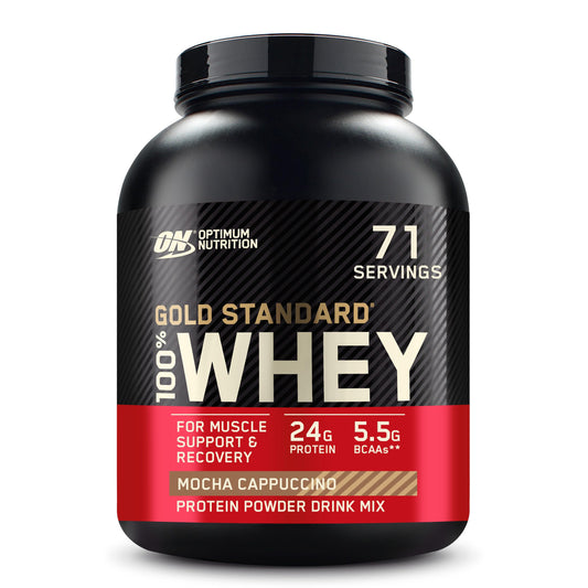 Optimum Nutrition Gold Standard whey powder being poured into a shaker for post-workout recovery.