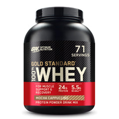 Optimum Nutrition Gold Standard whey powder being poured into a shaker for post-workout recovery.