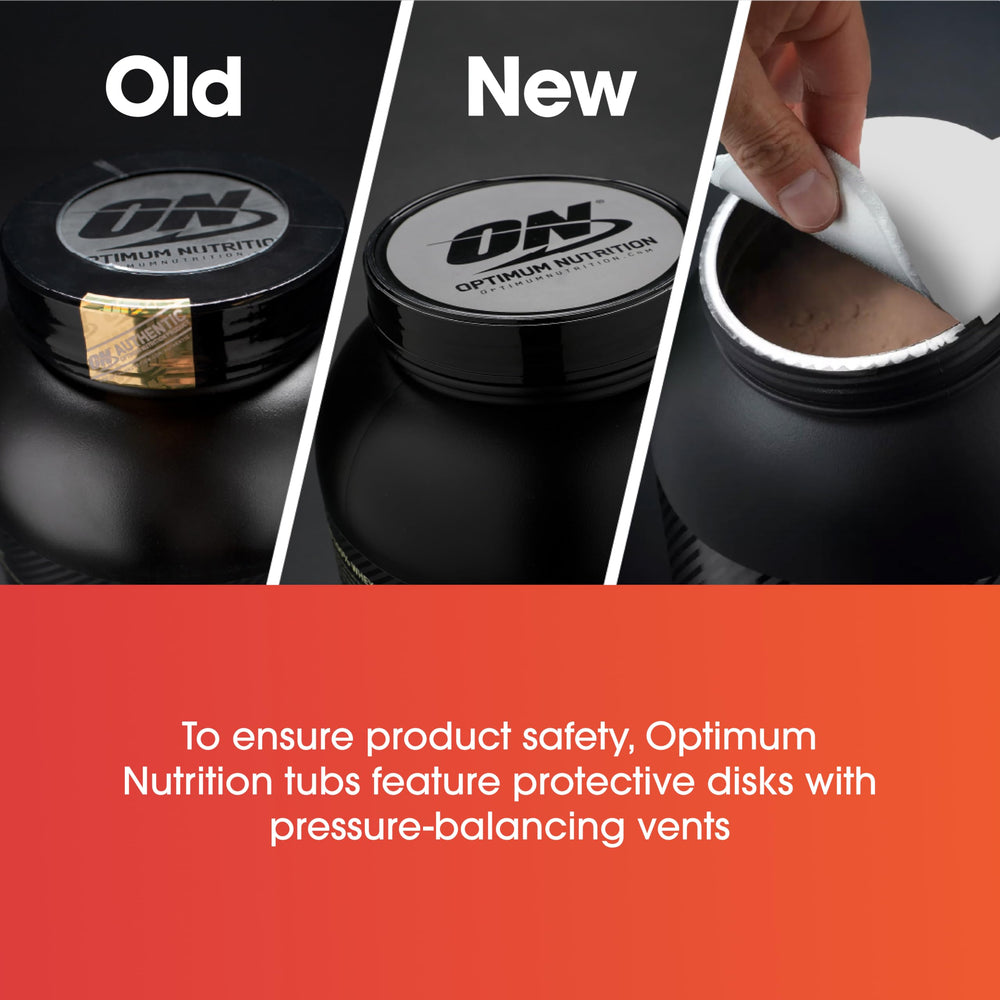 Nutrition facts panel on Gold Standard whey tub