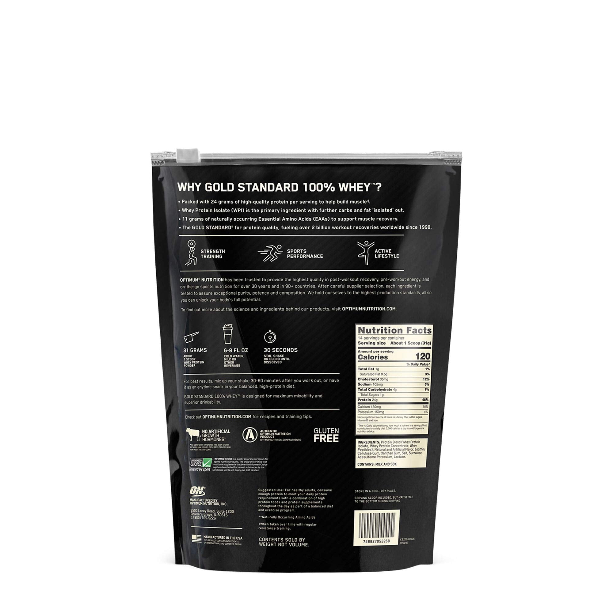 Optimum Nutrition Gold Standard whey protein shaker for convenient post-workout use.