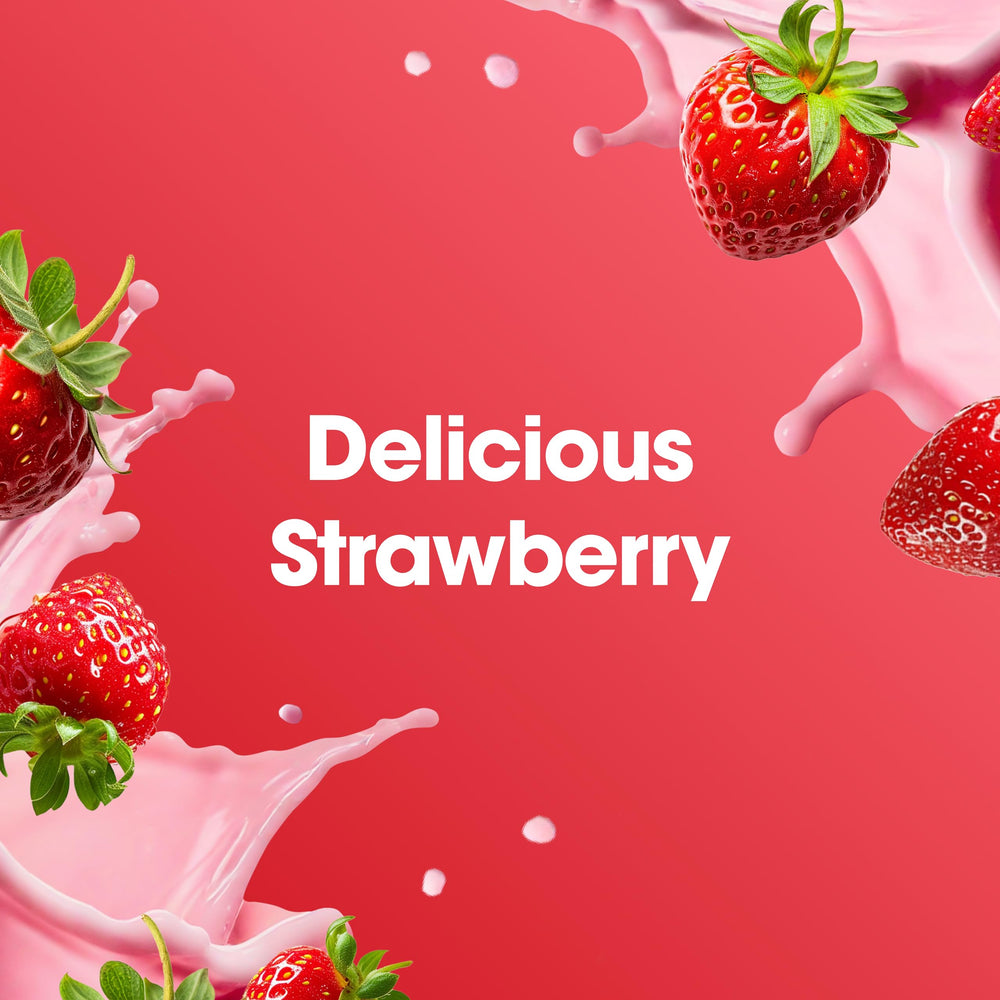 Creamy strawberry whey shake in a glass after training
