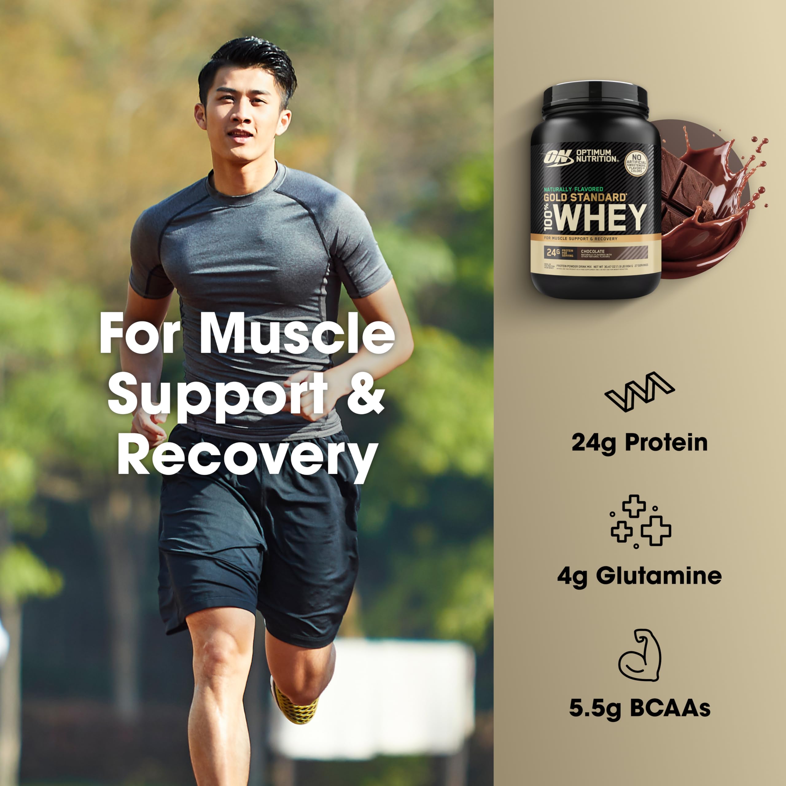 Optimum Nutrition Gold Standard Whey shaker-mix scene emphasizes quick post-workout recovery option