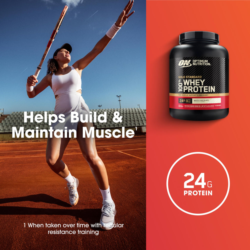 Optimum Nutrition Gold Standard whey shaker-ready image highlights convenient post-workout shakes