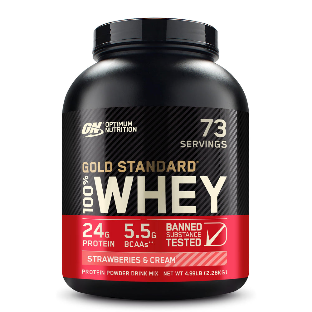 Optimum Nutrition Gold Standard Whey strawberries-cream 5lb bag for high-protein muscle support.