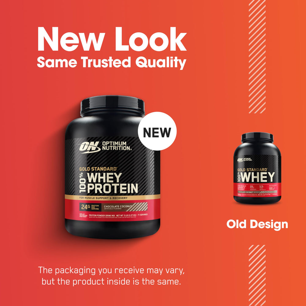 Optimum Nutrition Gold Standard whey tub label highlighting 24g protein per serving for daily workouts.