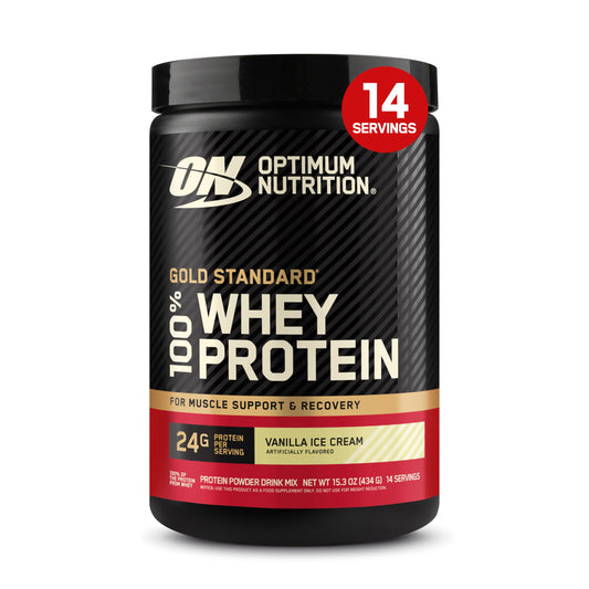 Optimum Nutrition Gold Standard whey front label shows 24 g protein per scoop
