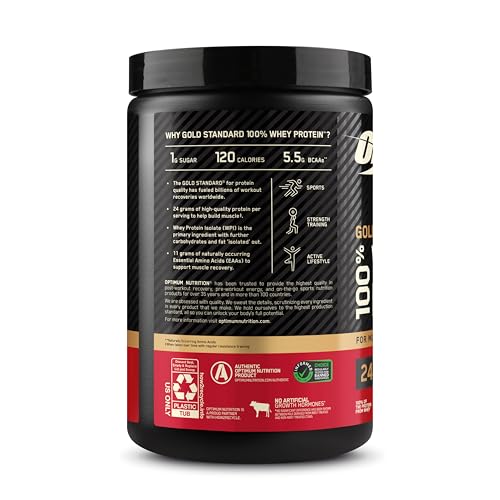 Optimum Nutrition Gold Standard whey protein isolate blend near measuring scoop