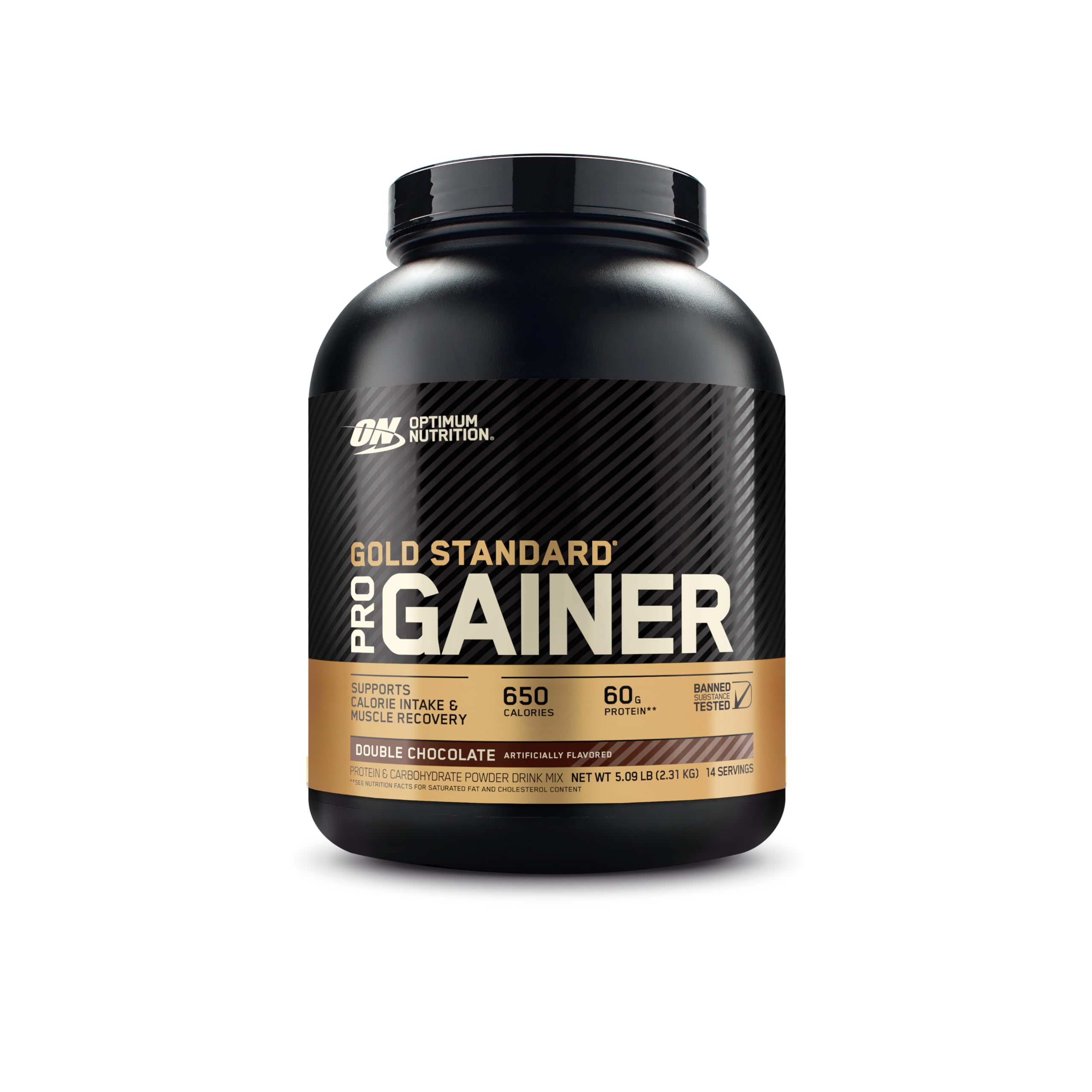 Optimum Nutrition GS Pro Gainer bottle showing a dense, high-calorie post-workout shake