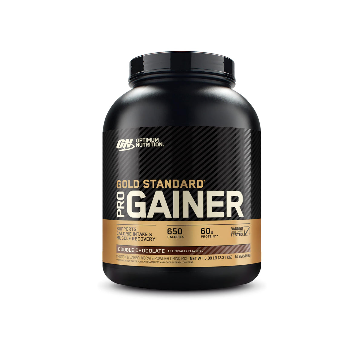 Optimum Nutrition GS Pro Gainer bottle showing a dense, high-calorie post-workout shake