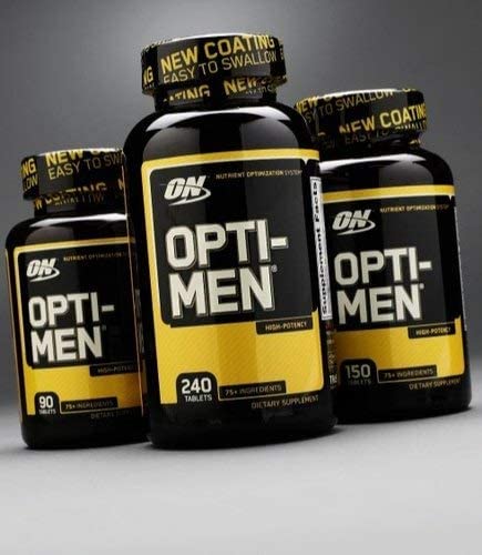 Optimum Nutrition Opti-Men bottle beside glass of water for consistency.