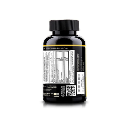Optimum Nutrition Opti-Men bottle side view showing packaging and serving size.