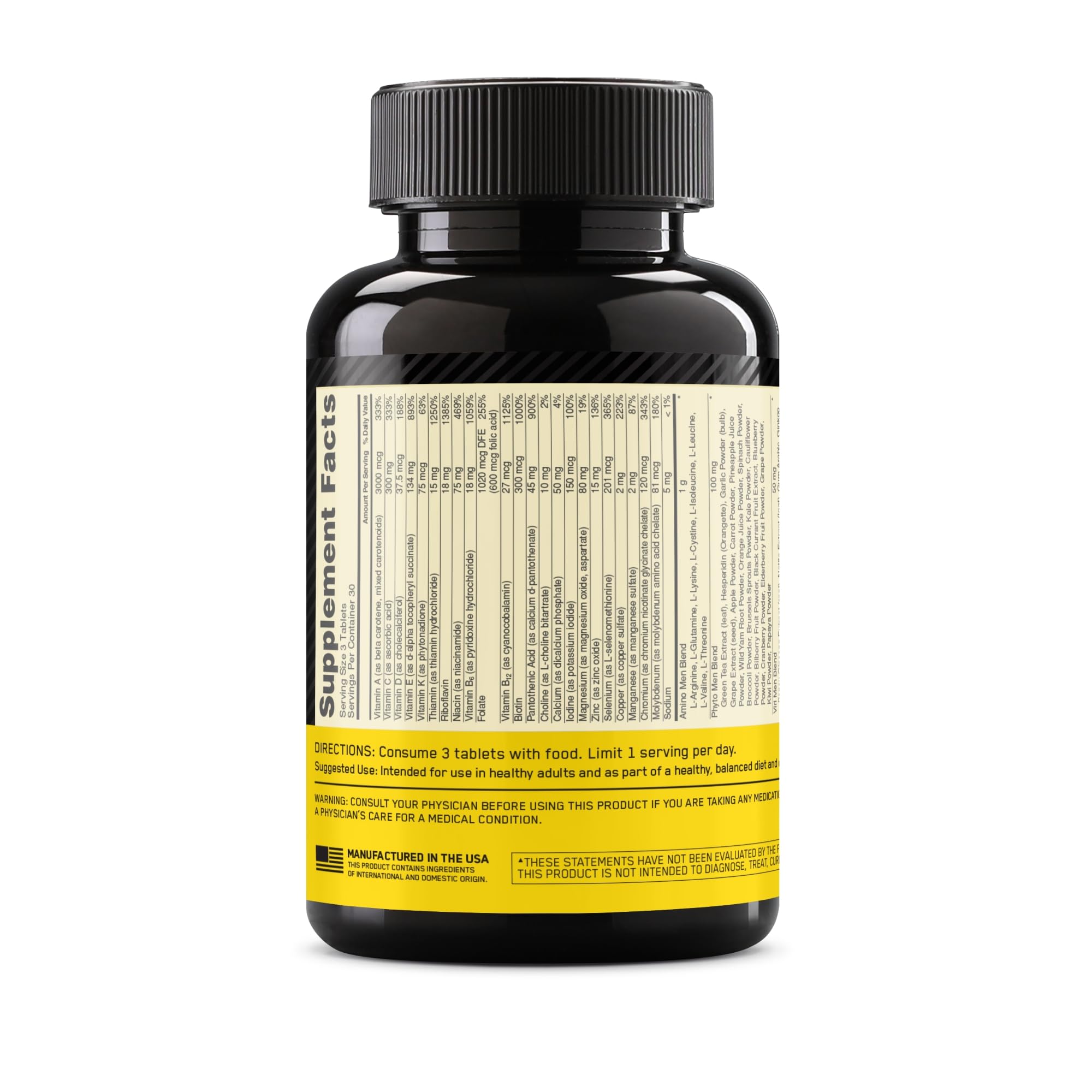 Optimum Nutrition Opti-Men nutrition facts panel displays 75+ ingredients and blends