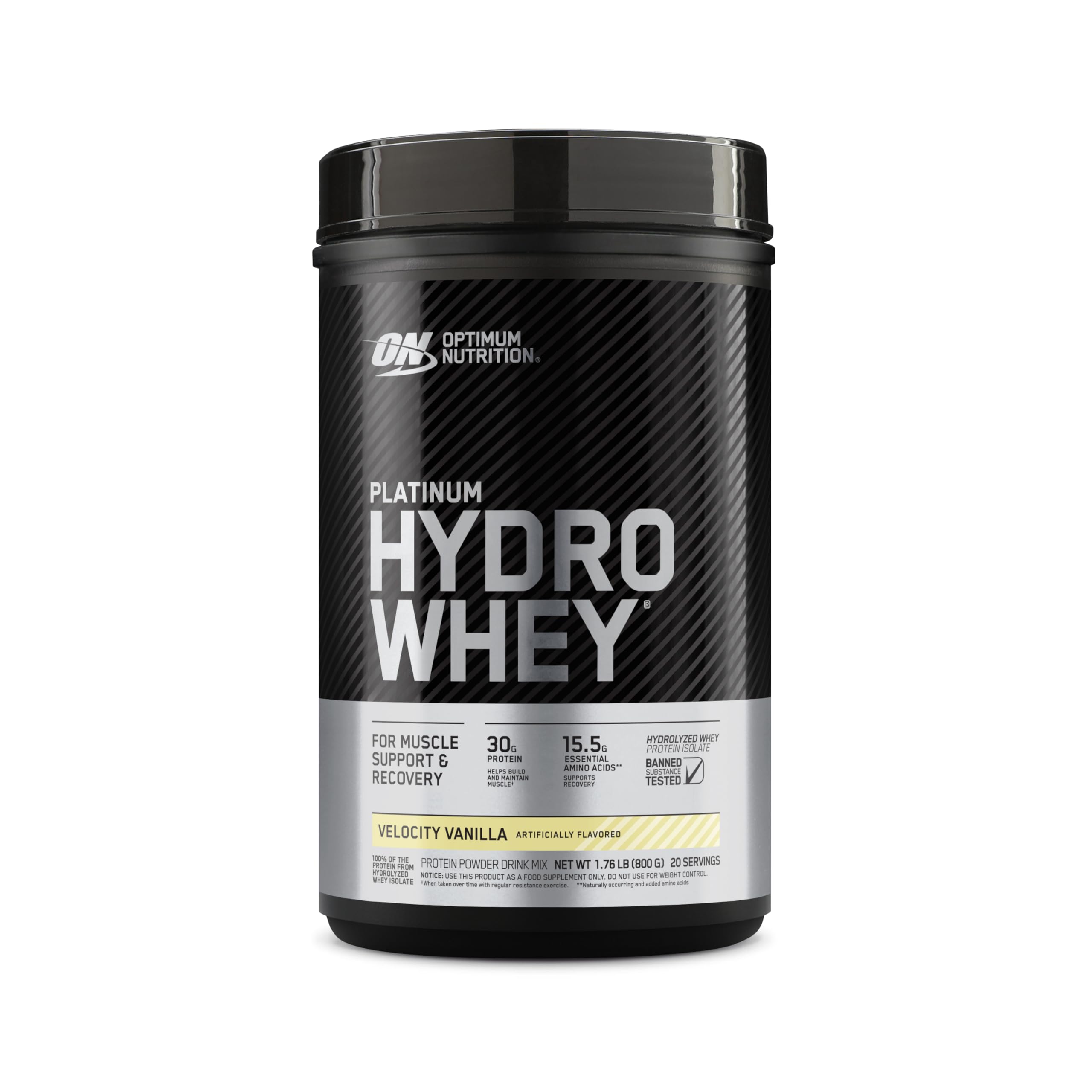 Optimum Nutrition Platinum Hydrowhey Velocity Vanilla pour for fast post-workout recovery.