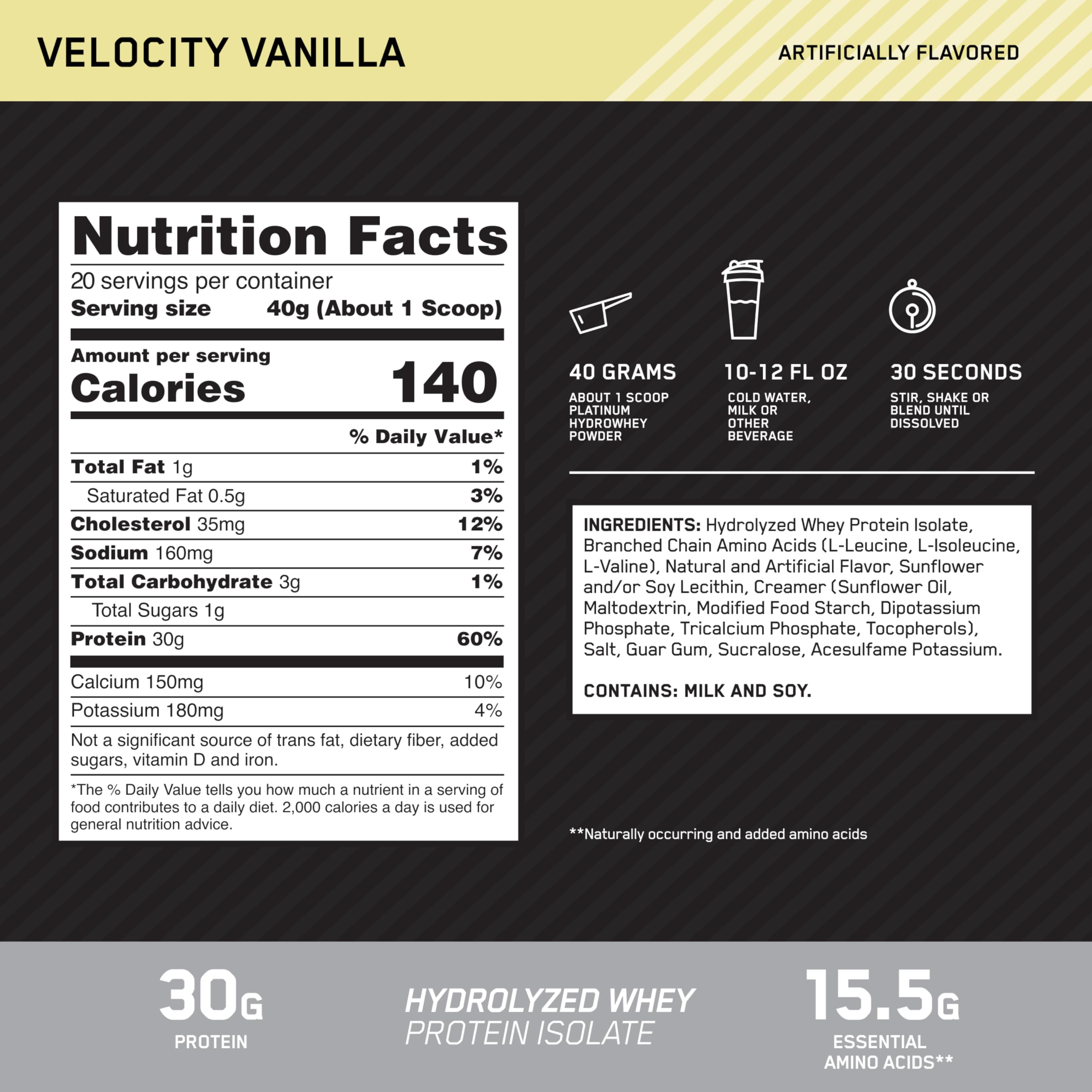 Optimum Nutrition Platinum Hydrowhey Velocity Vanilla scoop showing easy portion control.