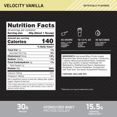 Optimum Nutrition Platinum Hydrowhey Velocity Vanilla scoop showing easy portion control.