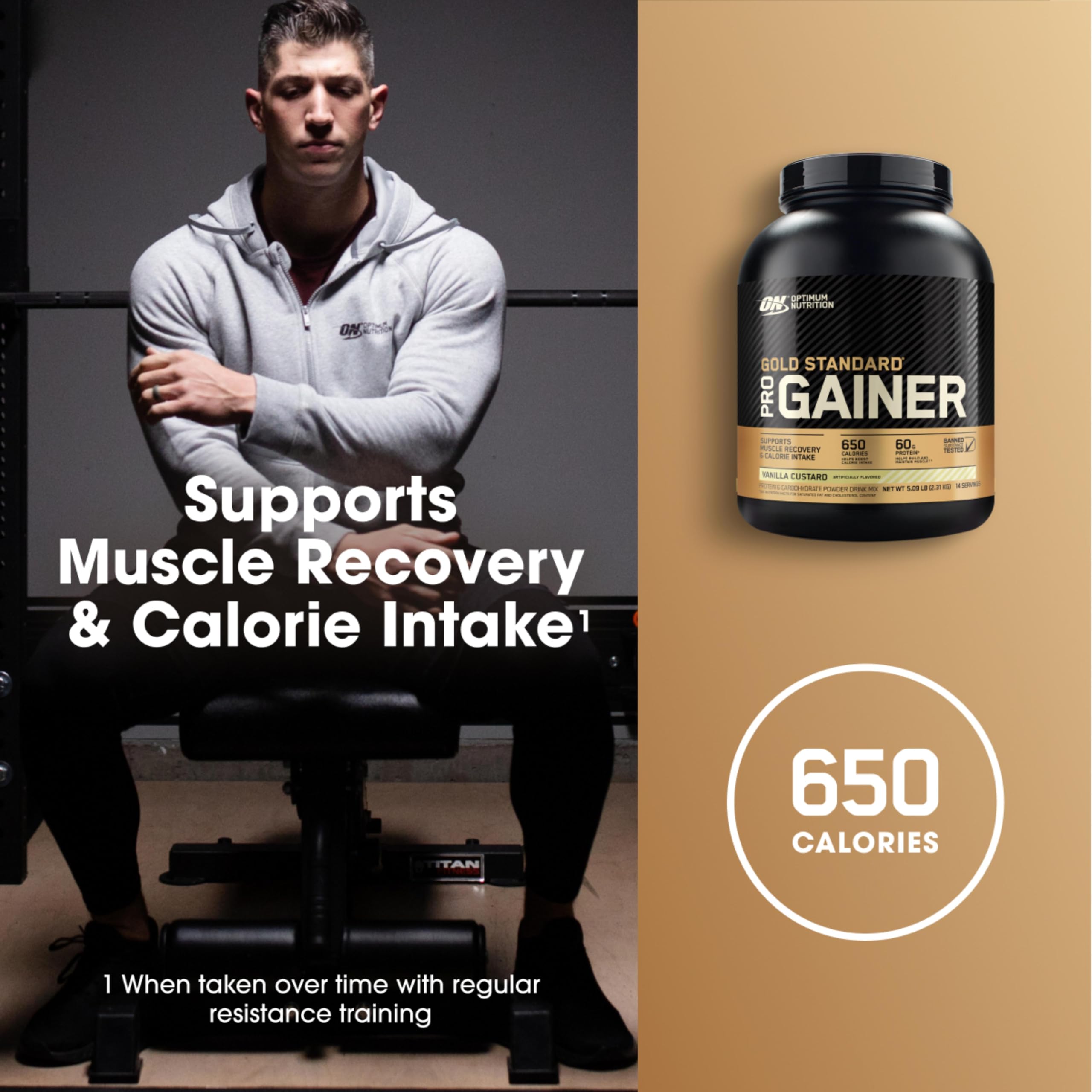 Optimum Nutrition Pro Gainer Vanilla Custard scoop with 80 g carbs per serving.