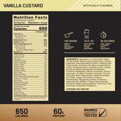 Optimum Nutrition Pro Gainer Vanilla Custard label shows 650 calories per serving.