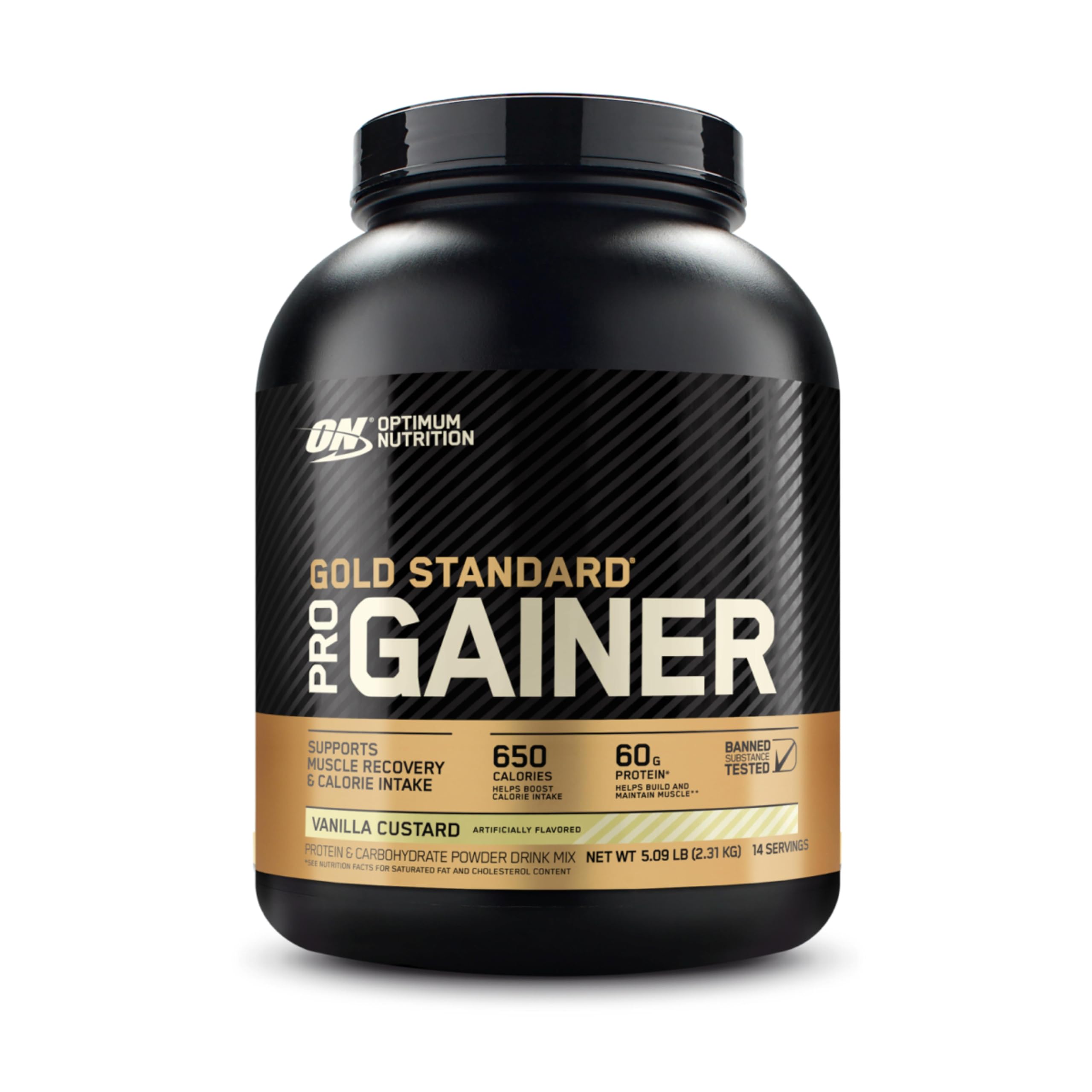 Optimum Nutrition Pro Gainer Vanilla Custard shake in glass for post-workout recovery.