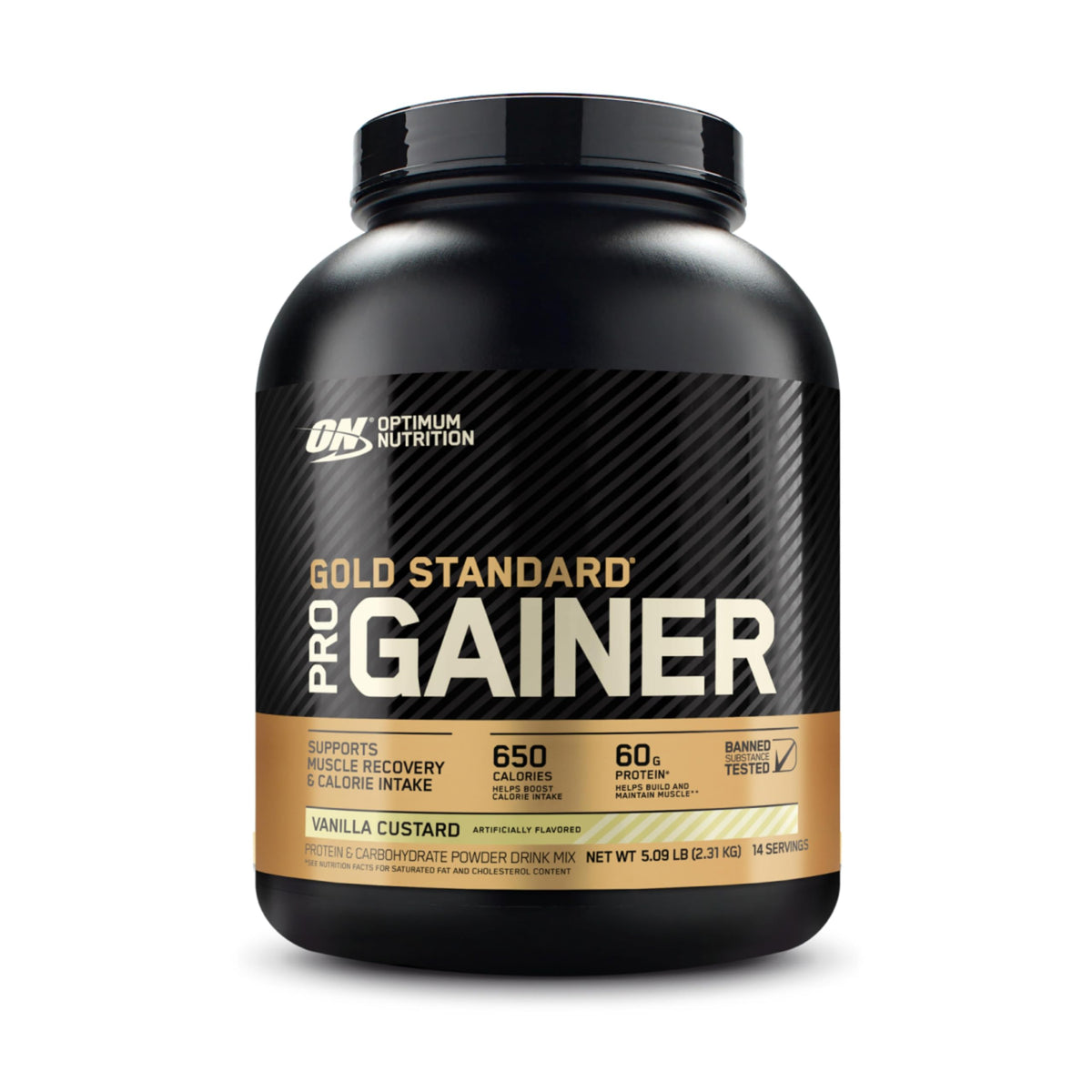 Optimum Nutrition Pro Gainer Vanilla Custard shake in glass for post-workout recovery.
