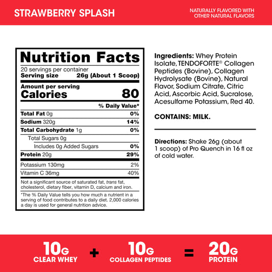Optimum Nutrition Pro Quench label close-up highlighting zero sugar and protein per serving