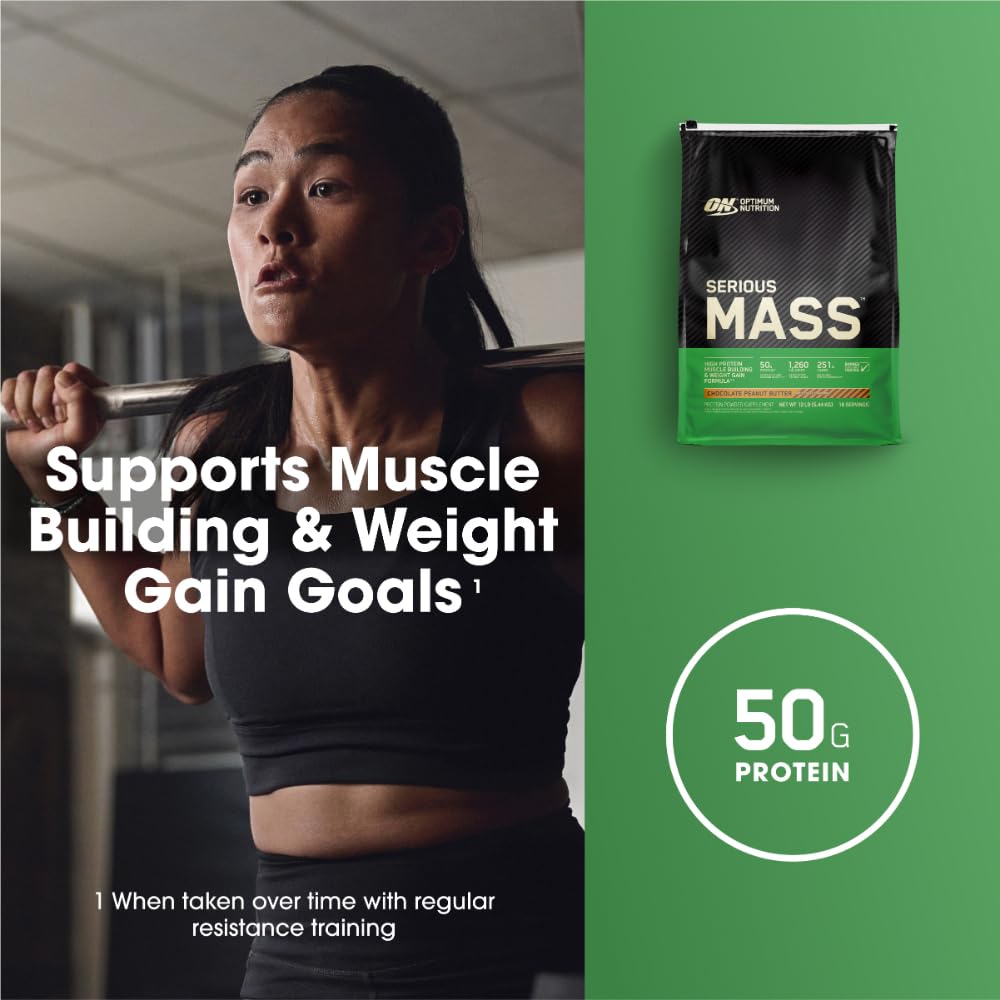 Optimum Nutrition Serious Mass serving cup demonstrates generous portion size.