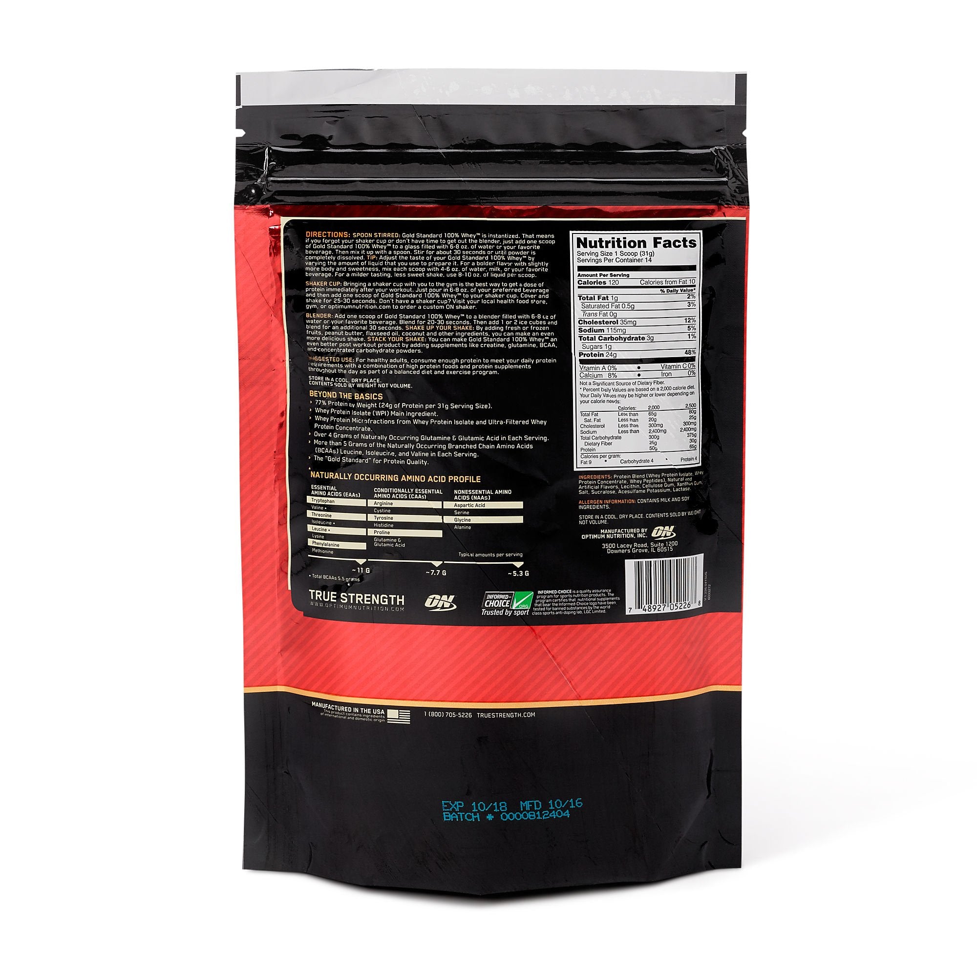 Optimum Nutrition Gold Standard whey powder scoop highlighting versatile flavor options.