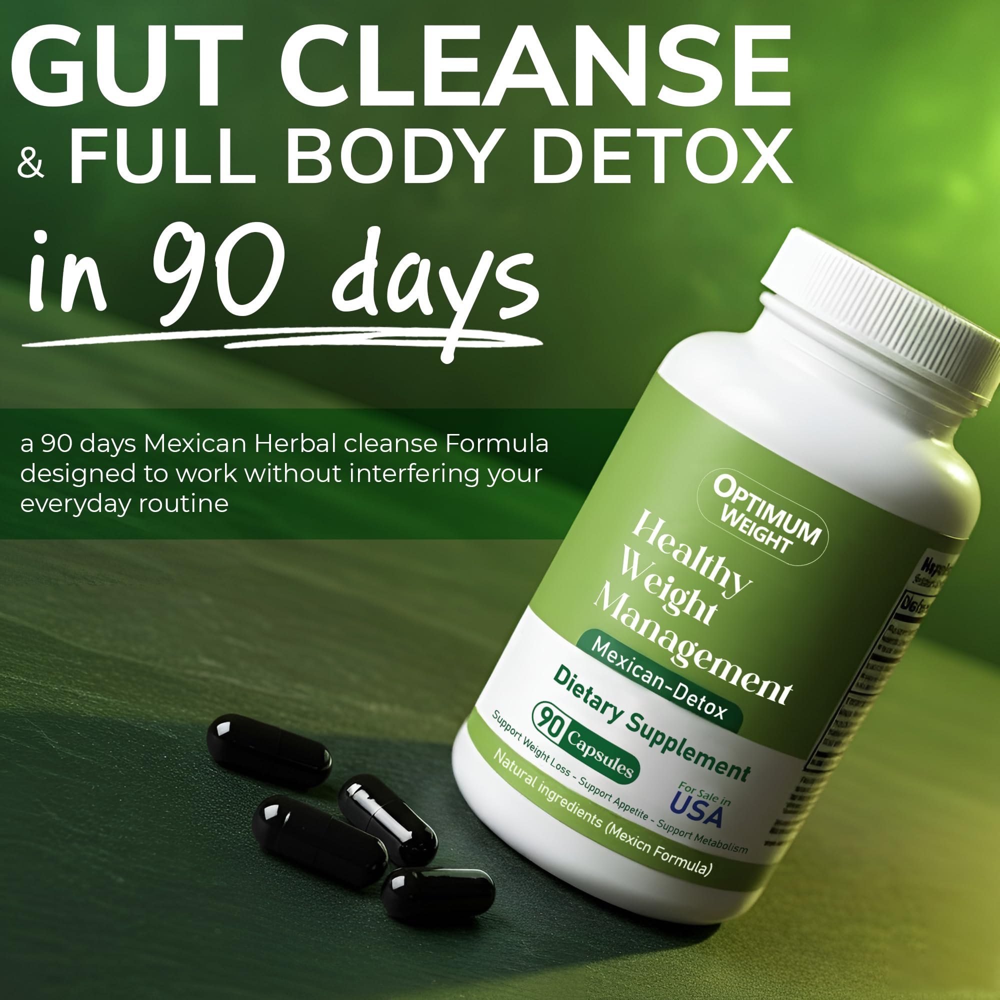 Optimum Weight apple fiber and spirulina support regularity in capsules.
