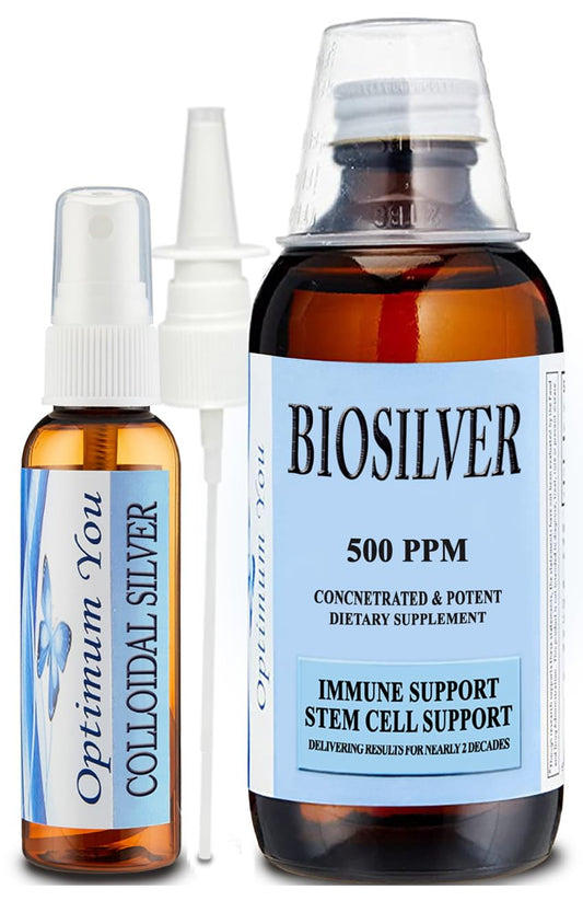 Optimum You BIOSILVER 500 ppm bottle shown for daily immune support and wound care.