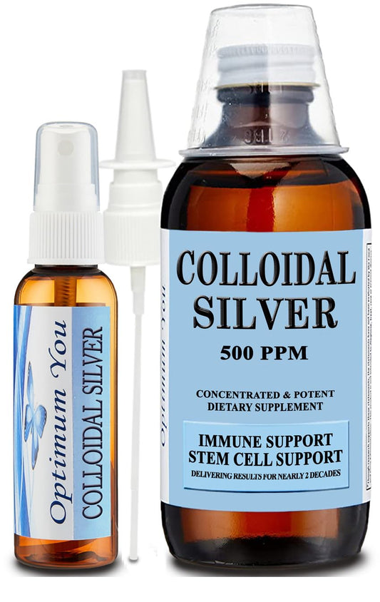 Optimum You colloidal silver bottle front shows 500 ppm potency for versatile use.
