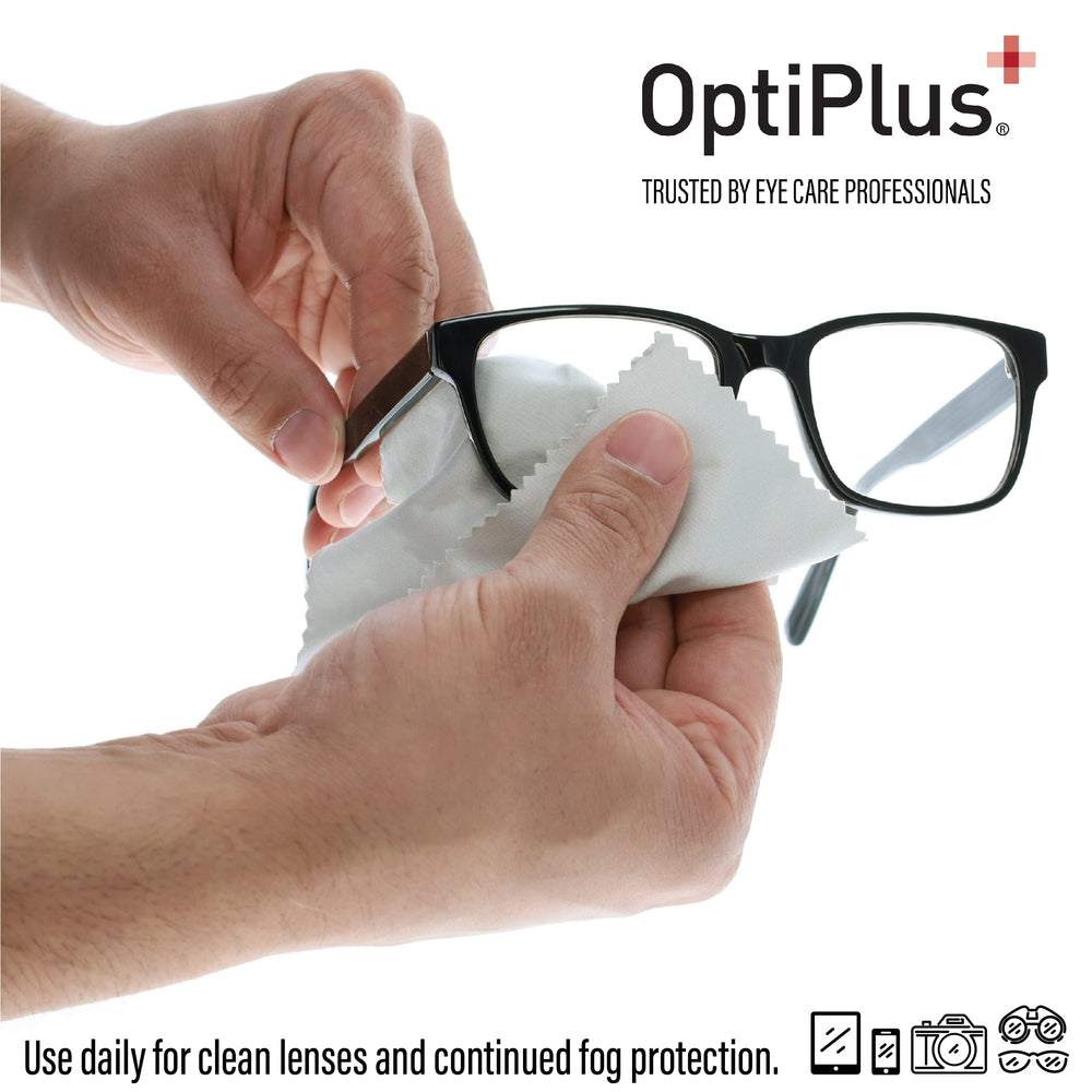 OptiPlus anti-fog cloth on glasses demonstrates clear lenses with reduced fog